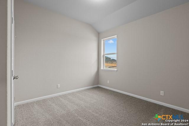 empty room with lofted ceiling and carpet flooring