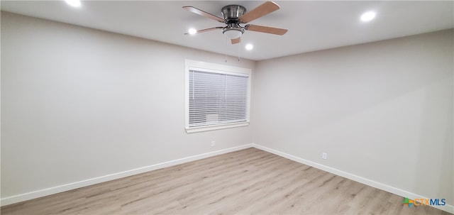 unfurnished room with light hardwood / wood-style flooring and ceiling fan