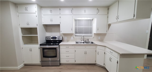 kitchen with light wood-type flooring, backsplash, electric stove, sink, and white cabinets