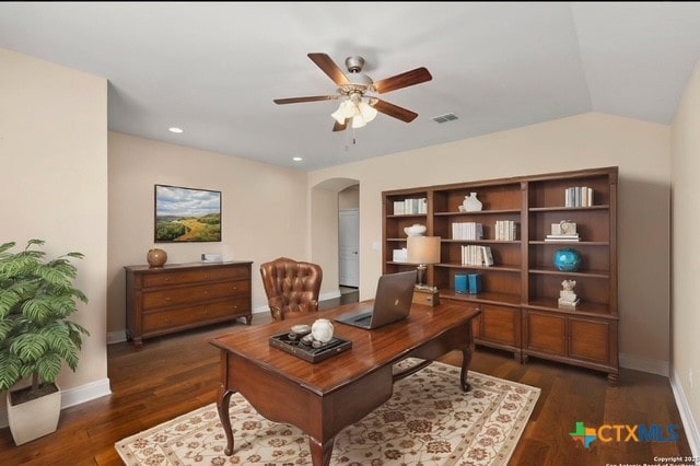 620 Ridgemeadow Dr, New Braunfels, TX 78130 - office with arched walkways, a ceiling fan, wood finished floors, and recessed lighting