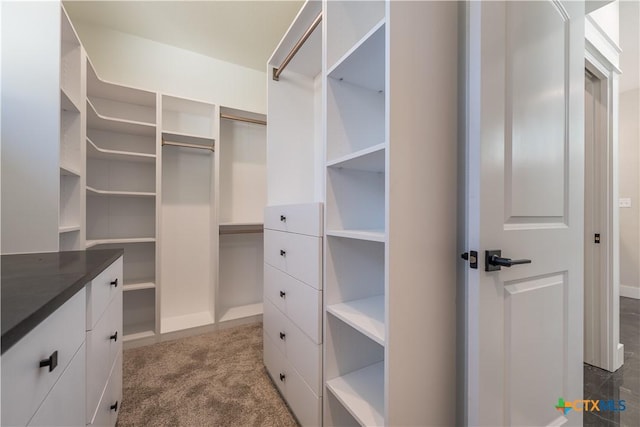 spacious closet featuring dark colored carpet