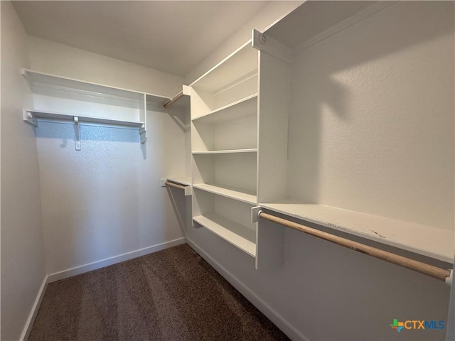 spacious closet featuring dark colored carpet