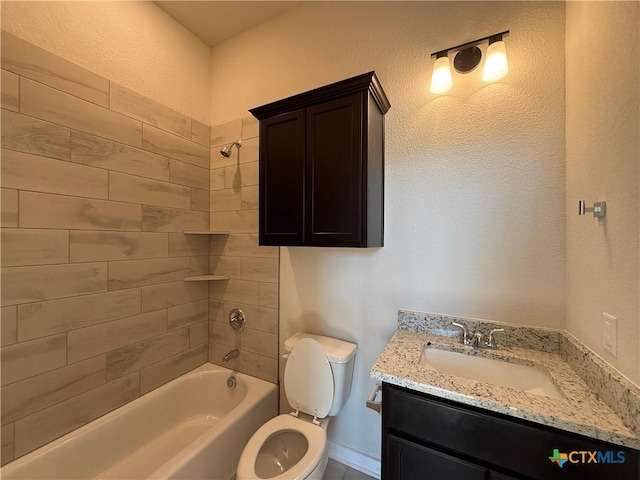 full bathroom with tiled shower / bath combo, vanity, and toilet