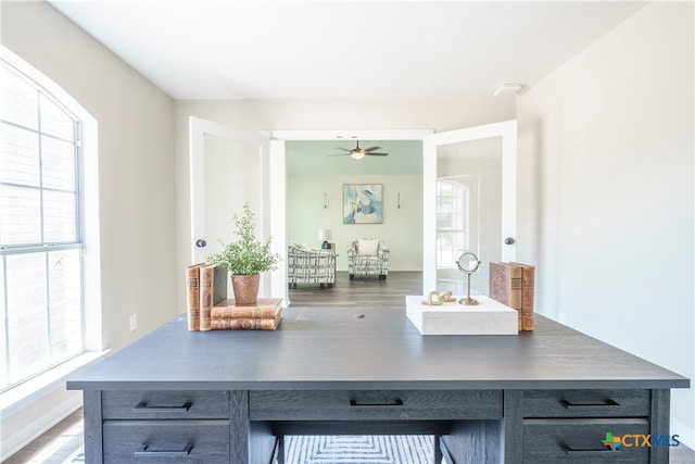 office area with hardwood / wood-style flooring, plenty of natural light, and ceiling fan