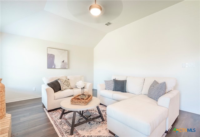 living room featuring wood-type flooring, vaulted ceiling, and ceiling fan