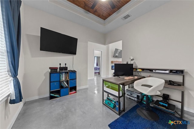 office featuring wood ceiling, visible vents, a raised ceiling, and baseboards