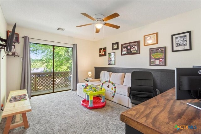 4005 Trailwood Dr, Temple, TX 76502 - living room featuring carpet flooring, visible vents, and ceiling fan