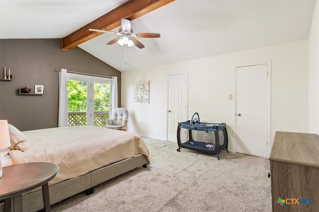 4005 Trailwood Dr, Temple, TX 76502 - carpeted bedroom featuring vaulted ceiling with beams, a ceiling fan, and access to outside
