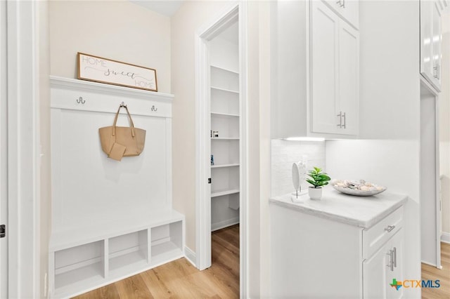 mudroom with light wood finished floors and baseboards