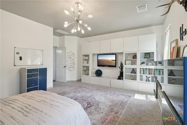 carpeted bedroom with visible vents and an inviting chandelier