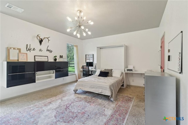 bedroom with baseboards, visible vents, a chandelier, and carpet flooring