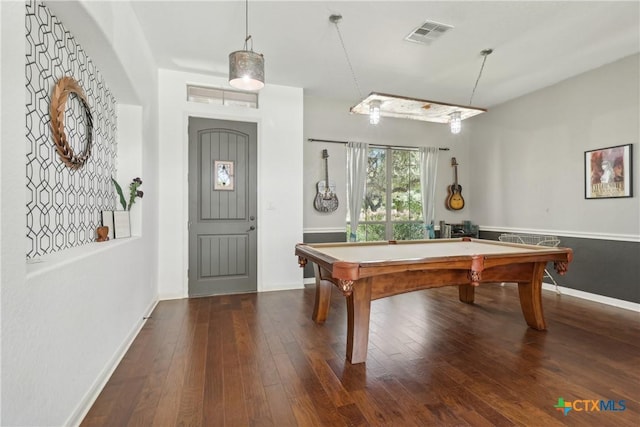 recreation room featuring baseboards, visible vents, billiards, and wood-type flooring