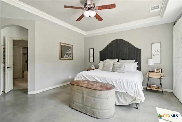 bedroom with concrete flooring, arched walkways, baseboards, ornamental molding, and visible vents