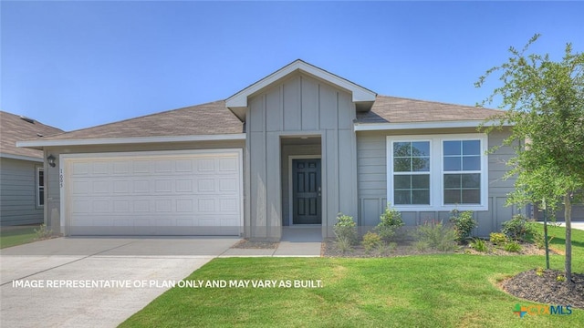 ranch-style home with a garage and a front yard