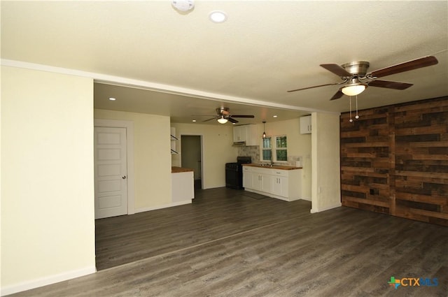 314 Huerta St, San Antonio, TX 78207 - unfurnished living room featuring wooden walls, ceiling fan, a sink, baseboards, and dark wood-style floors