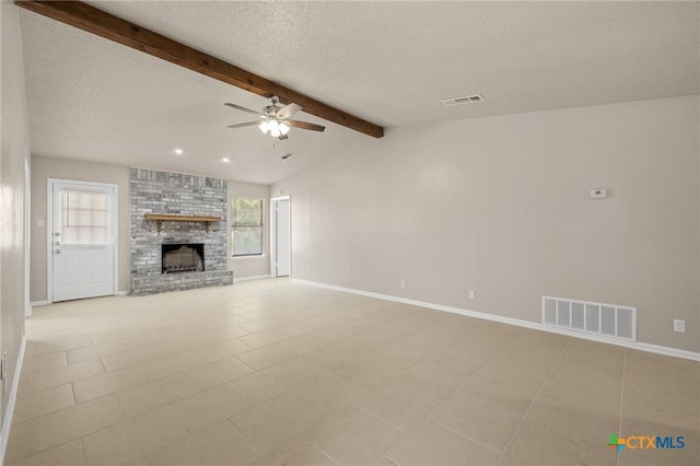 3317 Westrim Dr, Killeen, TX 76549 - unfurnished living room featuring a ceiling fan, a textured ceiling, a brick fireplace, baseboards, and light tile patterned flooring