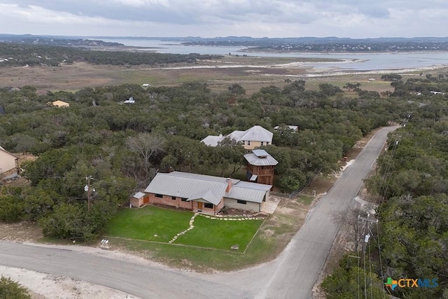 drone / aerial view featuring a water view