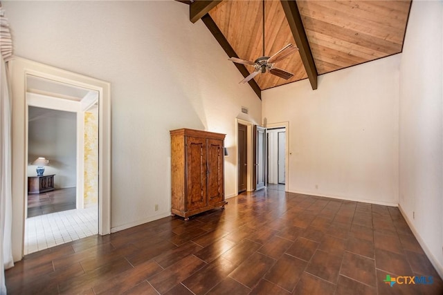1809 W Harrison Ave, Port Oconnor, TX 77982 - unfurnished room featuring ceiling fan, high vaulted ceiling, dark wood-style floors, and a wooden ceiling with exposed beams