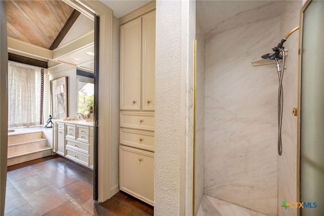 1809 W Harrison Ave, Port Oconnor, TX 77982 - bathroom featuring vanity, lofted ceiling, and wood ceiling