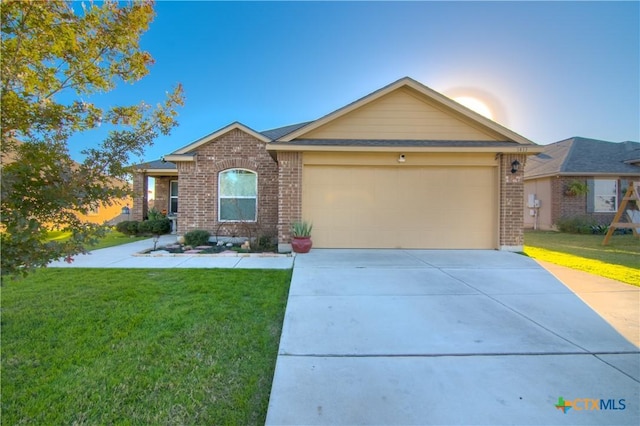 1413 Doncaster Dr, Seguin, TX 78155 - ranch-style house with brick siding, concrete driveway, an attached garage, and a front lawn