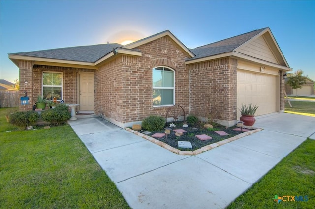 1413 Doncaster Dr, Seguin, TX 78155 - ranch-style house with an attached garage, a front yard, brick siding, driveway, and a shingled roof