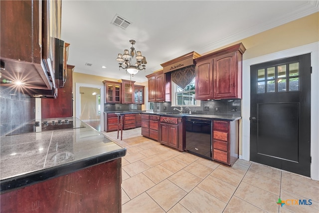 kitchen featuring an inviting chandelier, black appliances, tasteful backsplash, ornamental molding, and pendant lighting