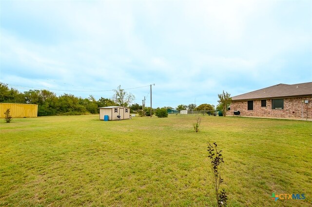 view of yard featuring a storage unit