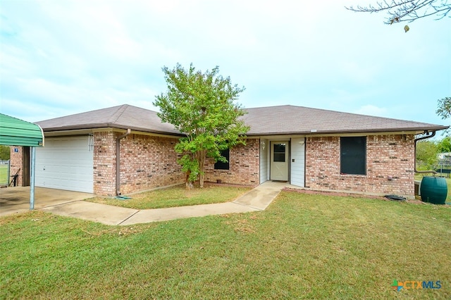 ranch-style house with a garage and a front yard