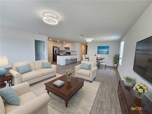 living room featuring a textured ceiling and light hardwood / wood-style flooring