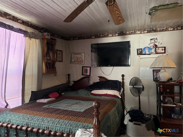 bedroom featuring ceiling fan and wood ceiling