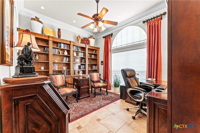 home office with ceiling fan, ornamental molding, and plenty of natural light