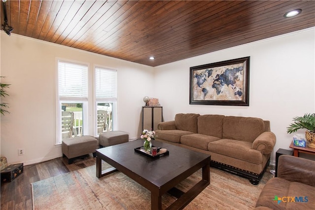 4512 Briar Cliff Rd, Temple, TX 76502 - living area with wooden ceiling, light wood finished floors, crown molding, recessed lighting, and baseboards