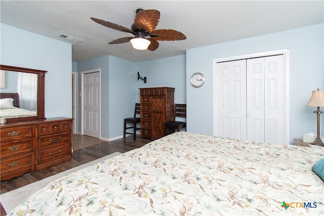 4512 Briar Cliff Rd, Temple, TX 76502 - bedroom featuring dark wood finished floors, a ceiling fan, baseboards, and a closet