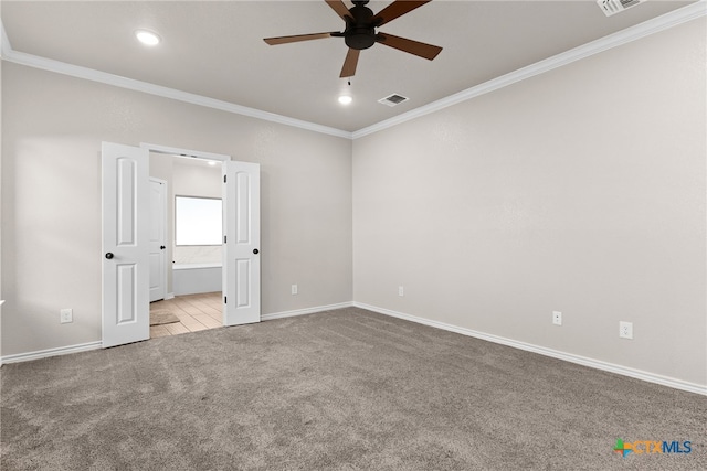 unfurnished bedroom featuring carpet, ornamental molding, baseboards, and recessed lighting