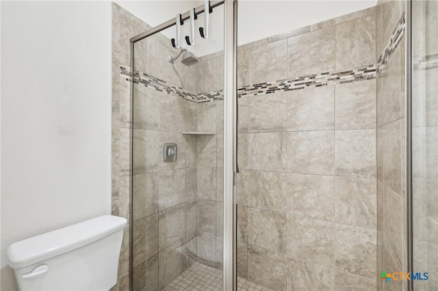 bathroom featuring a stall shower and toilet