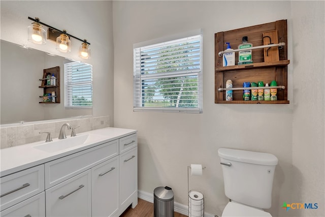 bathroom featuring toilet, vanity, and wood-type flooring