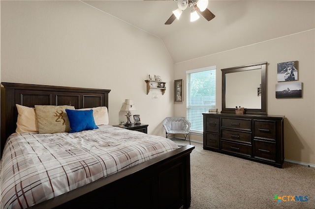2194 Pioneer Pass, Seguin, TX 78155 - bedroom featuring vaulted ceiling, light carpet, and ceiling fan