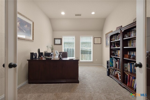 2194 Pioneer Pass, Seguin, TX 78155 - office featuring lofted ceiling, carpet, and recessed lighting