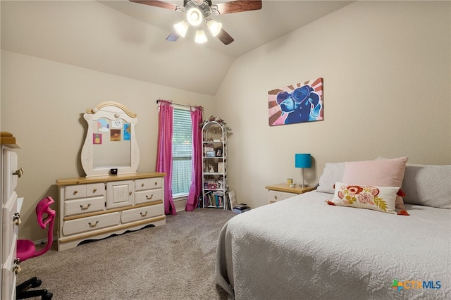 2194 Pioneer Pass, Seguin, TX 78155 - bedroom with carpet flooring, lofted ceiling, and a ceiling fan