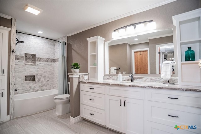 bathroom with toilet, shower / bath combo, ornamental molding, and vanity