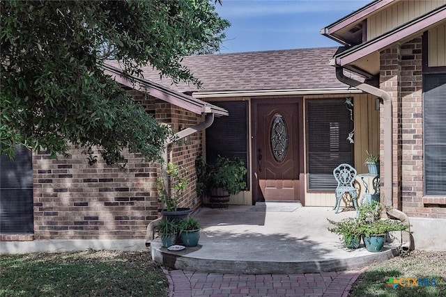 view of exterior entry featuring brick siding and roof with shingles