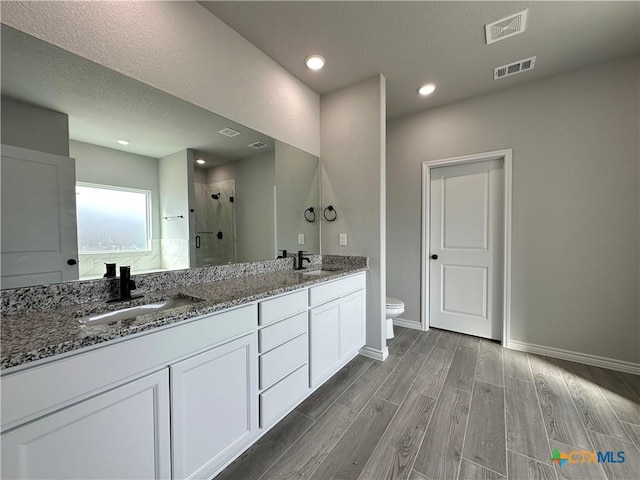 bathroom with toilet, vanity, and a shower with shower door