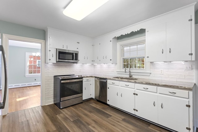 kitchen featuring sink, dark hardwood / wood-style floors, a baseboard heating unit, white cabinets, and appliances with stainless steel finishes