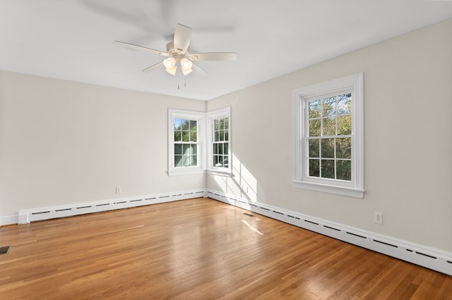 unfurnished room featuring a baseboard radiator, light hardwood / wood-style flooring, and ceiling fan