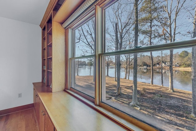 interior details featuring a water view and hardwood / wood-style flooring