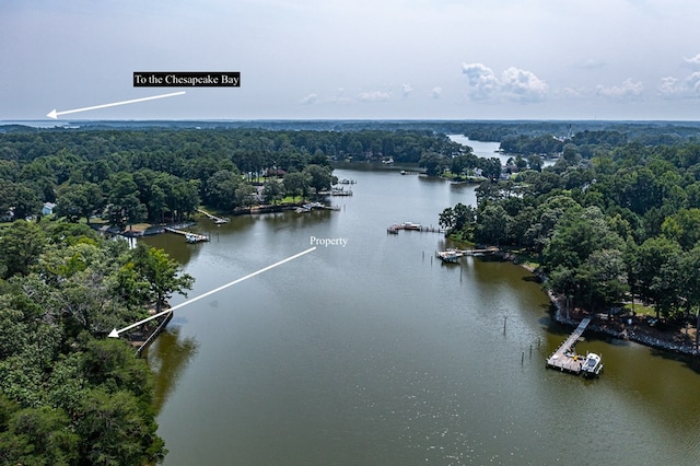 aerial view featuring a water view