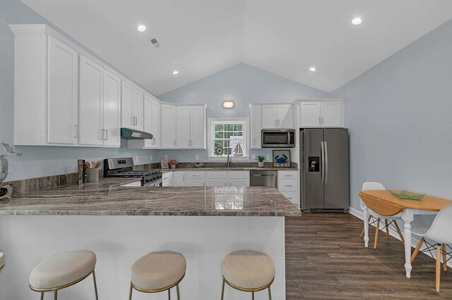 250 Pocahontas Ave, Deltaville, VA 23043 - kitchen with appliances with stainless steel finishes, under cabinet range hood, a peninsula, white cabinets, and recessed lighting
