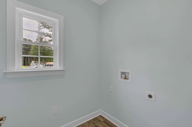 250 Pocahontas Ave, Deltaville, VA 23043 - laundry area with hookup for an electric dryer, baseboards, hookup for a washing machine, and dark wood-type flooring