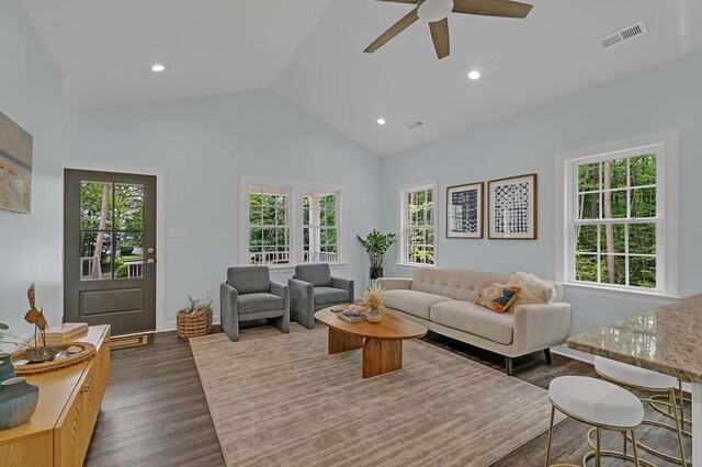 250 Pocahontas Ave, Deltaville, VA 23043 - living area with a ceiling fan, lofted ceiling, dark wood finished floors, recessed lighting, and baseboards