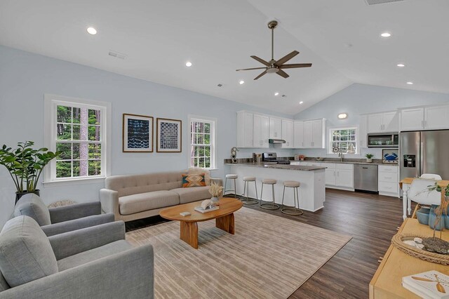 250 Pocahontas Ave, Deltaville, VA 23043 - living area featuring plenty of natural light, a ceiling fan, dark wood-style floors, recessed lighting, and high vaulted ceiling